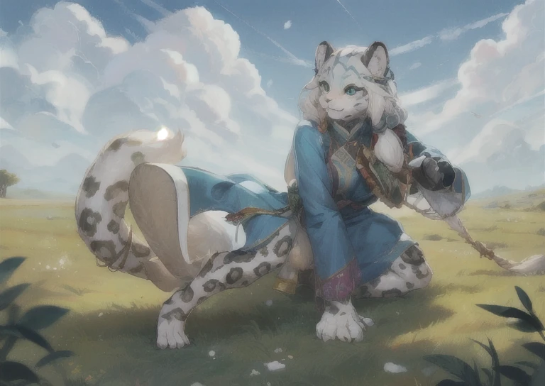 High resolution, top quality, best quality, Paid rewards available,, illustration, hairy, mammal,snow leopard personification，woman，whole body，Gray fur，tibetan style，Tibetan jewelry，Dark blue hem，White top，Gray fur，清澈的Sky, movie lighting, Sky, sunny Sky,，grassland， horizon background,(Snow Leopard Fur:1.1,hairy質感:1.2), (Natural background:1.1,高地grassland:0.9), (Soft natural light:1.1), (Detailed facial features:1.1,expressive eyes:1.2), (calm and serene expression:1.1), (Flowing and layered clothing:1.1), (Gorgeous and intricate accessories:1.1), Fine hairs, exquisite eyes, anime style illustration, whole body 雪豹, Animal ears, Tail, Body hair, 1 名woman孩, whole body, 1 名woman孩, alone, long hair, white hair, *//*, Green eyes, *//*, Dark blue Tibetan clothing，tibetan decoration，Determined eyes，hunter，Smile,