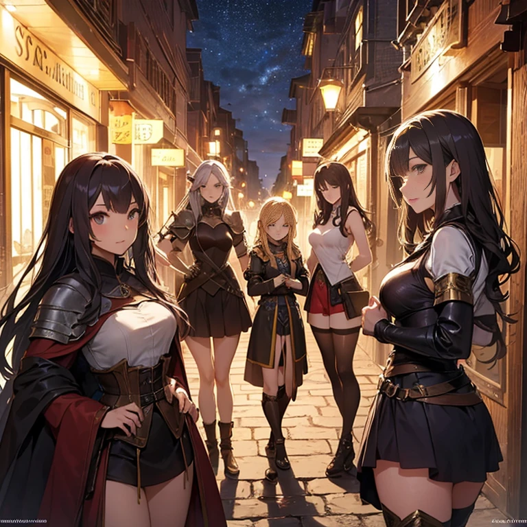 A group of female adventurers set in a medieval fantasy world, (At the pub), Mr.々Hair style, Harem, night, Detailed aspect, Short skirt, Seduce, No sleeve, armor 、showing off panties、Huge Breasts