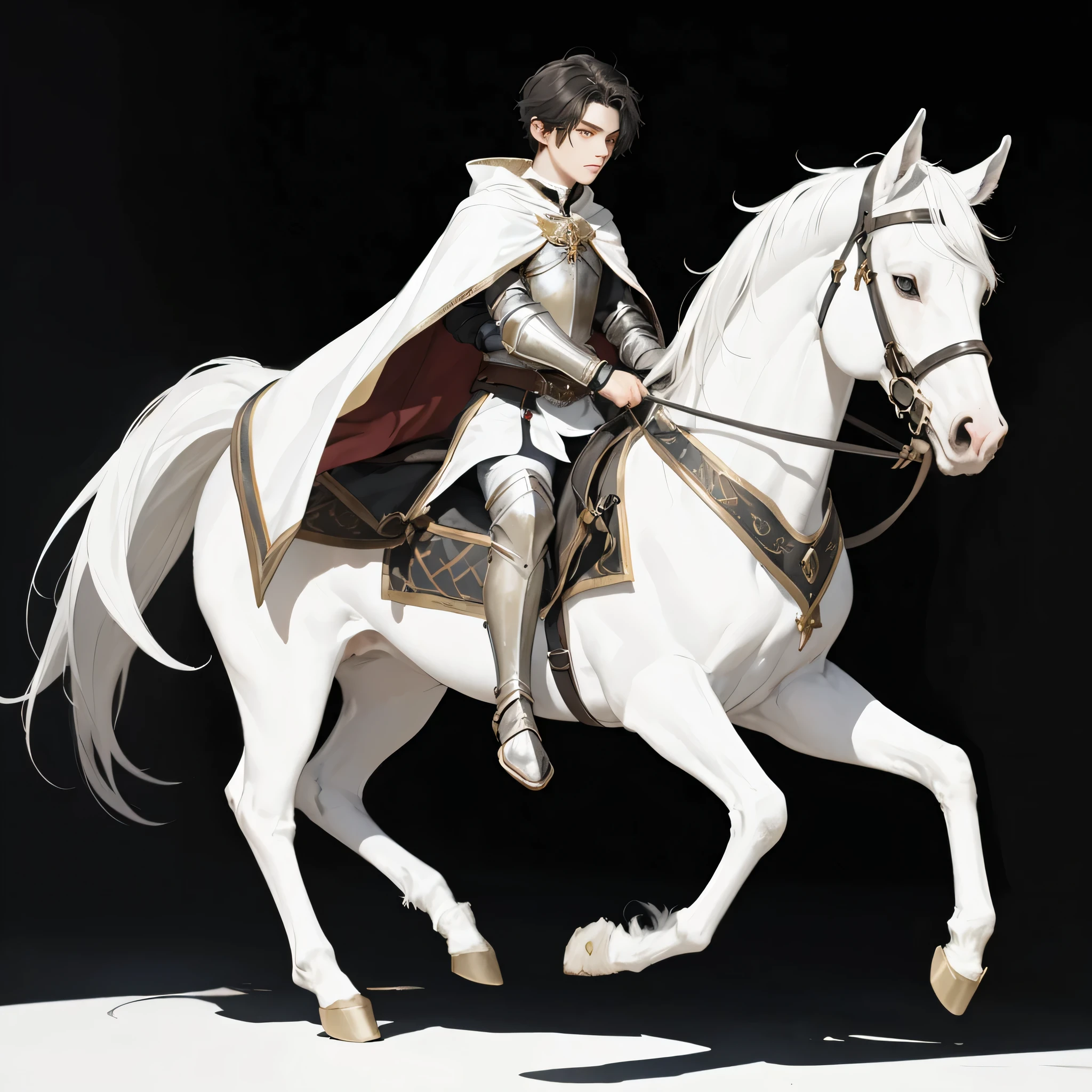 Dark fantasy, 18-years-old guy, 1 boy, male, warrior, noble, medieval, black hair, golden eyes, imponent, white armor, white cape, cape, young boy, teen boy, solo, full body, better face, on a white horse