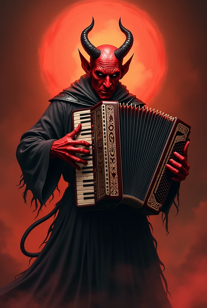 the devil sewing on a gold fiddle, playing it hot