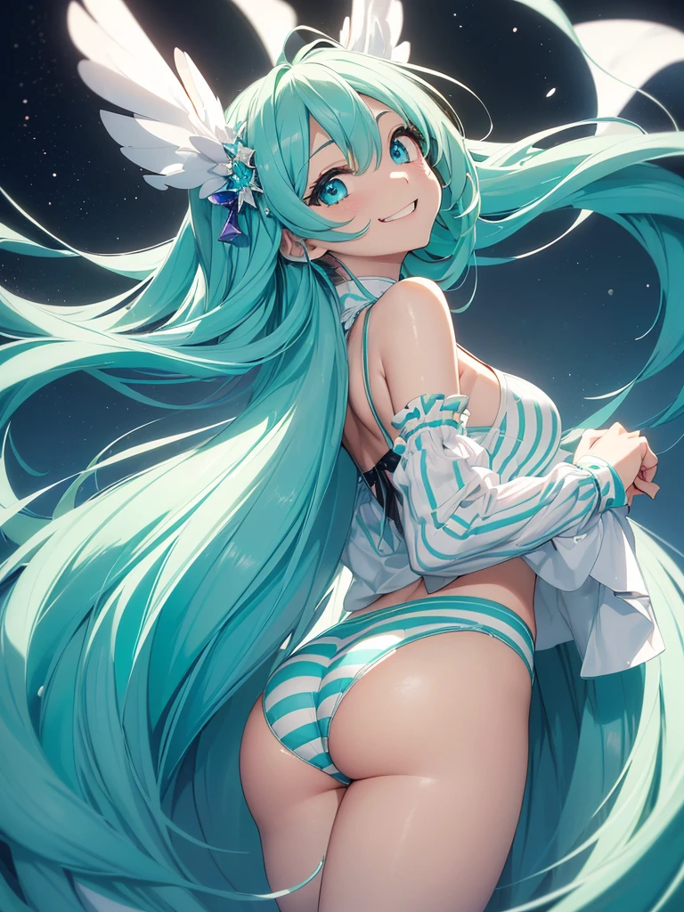 (1 girl),(high quality), (High resolution), (extremely detailed), (8K),(focus on lower body),(CG)、Magic Knight、transparent costume、Magic Mentor、sexy panties、(black knee high stockings:1.2)、nipple shape、No shoes、neutral white lighting,sexy pose、showing panties、Hatsune Miku