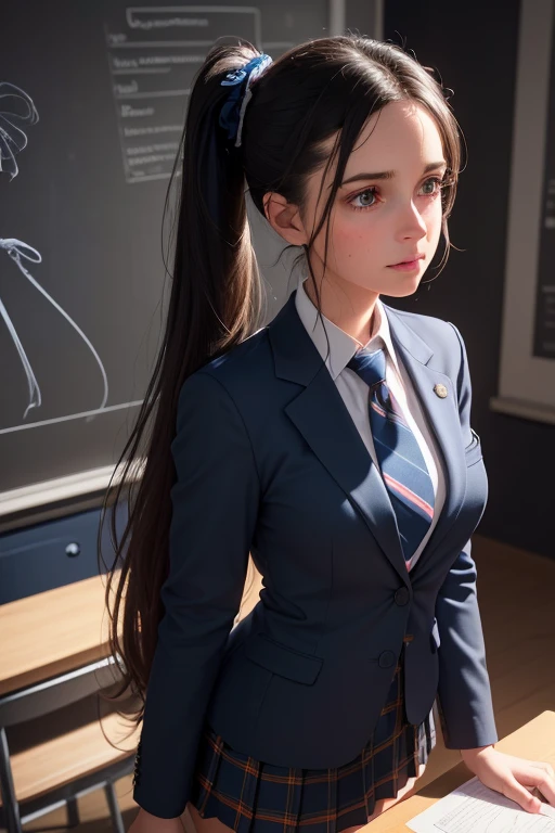 1girl, beautiful young woman, long black hair, twin tails, blue blazer uniform, tie, tight skirt, knee socks, standing in anatomy club room, gazing at viewer, sweet expression, human body drawings on blackboard, (best quality,4k,8k,highres,masterpiece:1.2),ultra-detailed,(realistic,photorealistic,photo-realistic:1.37),???????,scientific,precise,hyper-realistic,intricate details,vivid colors,cinematic lighting,volumetric lighting,depth of field,photo-realistic rendering