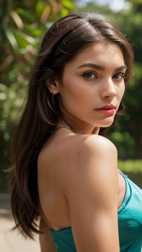 25 year old girl in colorful dress, 35mm, F/2.8, Incredibly detailed and intricate, character, elegant, florida, beautiful, exotic, developer, attractive, attractive, lover, Hyper realistic, super detailed, White skin, The background is a garden