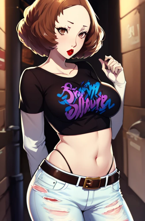 Haru okumura, brown hair, brown eyes, 1girl, solo, standing, black t-shirt, white shirt, blue jeans, belt, lipstick, large breasts