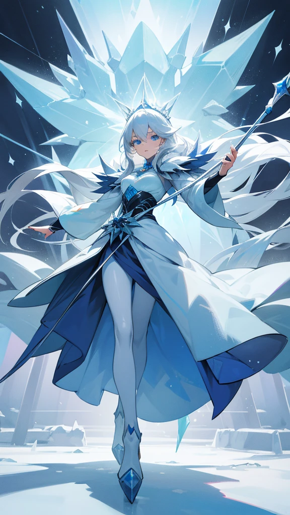 Girl, K HD, 4K, expressionless, anime style, blue eyes, white hair, ((full body)), puzzled eyes, (deformer character) Masterpiece, highest quality, ultra-definition, 4K, ultra-definition illustration, high resolution Beautiful face and eyes , light blue color scheme, lighting, fantasy, solemn atmosphere, long hair, waving hair, smile, fighting posture, dynamic pose, particle light, luminescence, plasma, electric current, blue flame, sense of depth, dynamic angle,