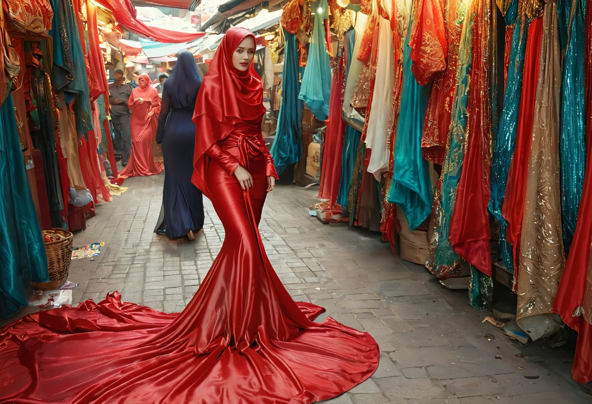 A woman shrouded in 9 meters of red silk shimmer, tight wrapped cloth from the waist to the thighs and mermaid shape on the bottom of dress, tied tightly and magnificently draped along her body shape, 9 meter long flowing dress tail on the floor, strugle to handle her dress,styled in mermaid inspired clothing, her head is simply veiled in a satin hijab, 185cm tall woman, walking in traditional coloth market, full body pose conveying an elegant impression, caught on camera in resolution 4k, very realistic