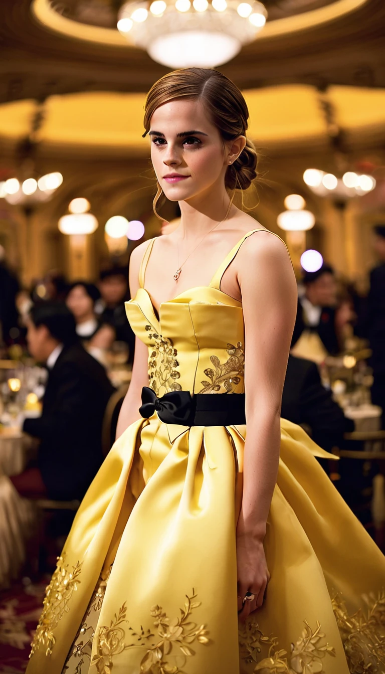 belle (emma watson) intricate flamboyant yellow dress aligning at a great ballroom . 35mm photograph, film, bokeh, professional, shot by daido moriyama, 4k, highly detailed