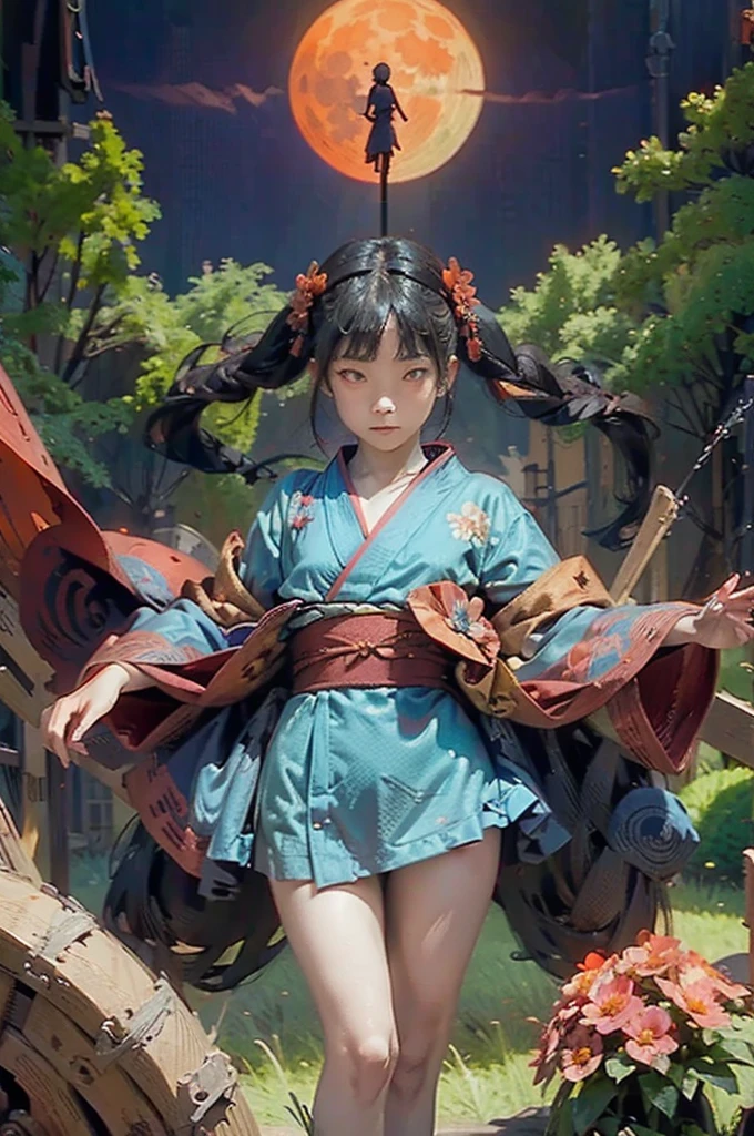 Twin tails with flower hair accessories, Blue and red kimono dress, Flowing material, Dynamic standing poses, Elevated posture, Outdoor Fantasy Setting, Green giant figure and red moon in the background, Dramatic lighting from above, Creating strong shadows, intense and mysterious atmosphere, Low - Angle, Deep writing depth, Excellent exposure,
