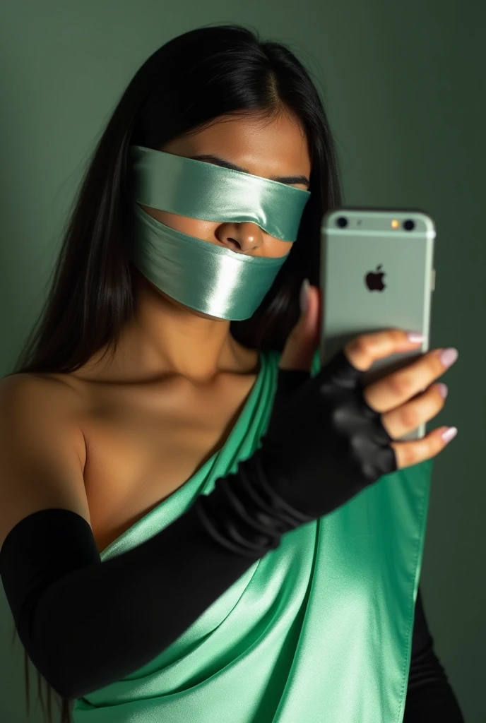 Aesthetic Indian Girl blindfolded Duct tape gagged in sexy silver shimmering prom saree Taking selfie duct tape gagged