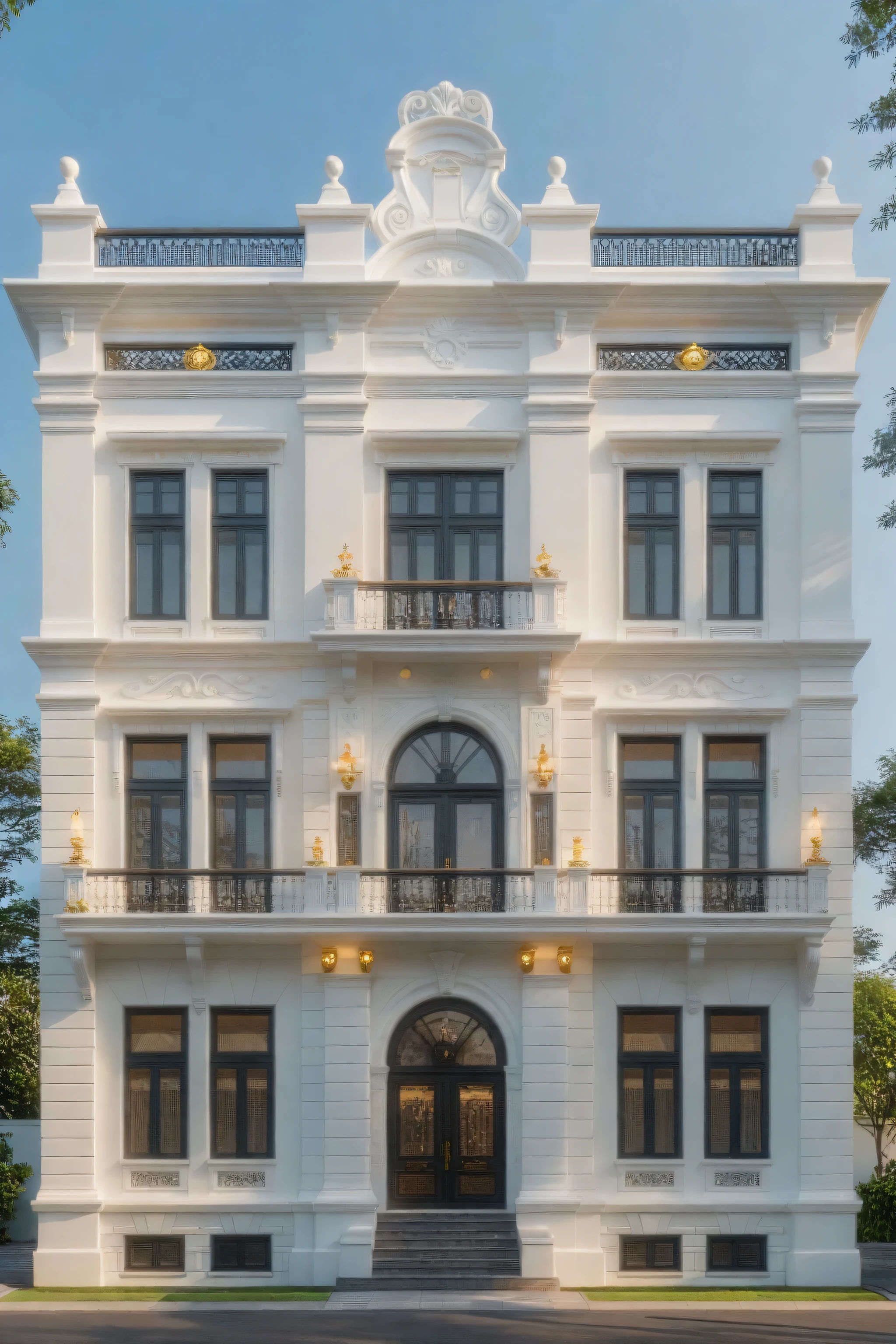 ,Masterpiece, Best quality,8K, Ultra-high resolution, rich atmosphere of luxury。Ornate crystal chandeliers hang high on the wall,Shine brightl . It is so comfortable,So much so that you can't help but indulge in it。Embellished with precious porcelain and champagne gold ornaments。Whenever it is late afternoon,The afterglow from the window spilled on the floor,Soft light and shadow are reflected,It was as if entering a dreamlanD,,Architectural style Architectural style, ((Classic Style House)),(masterpiece) , ((best quality)), dramatic lighting, high quality outdoors, sky, day, cloud, tree, blue sky, building, scenery, road, real world location, sunlight, enough detail, high resolution,super realistic, Photorealistic, highly detailed, balcony, door, car, truck, parking slot, paving, . Clean lines, architectural drawing, highly detailed , . Clean lines, geometric shapes, architectural drawing, highly detailed, (( round column : 1,3)), round pillar,