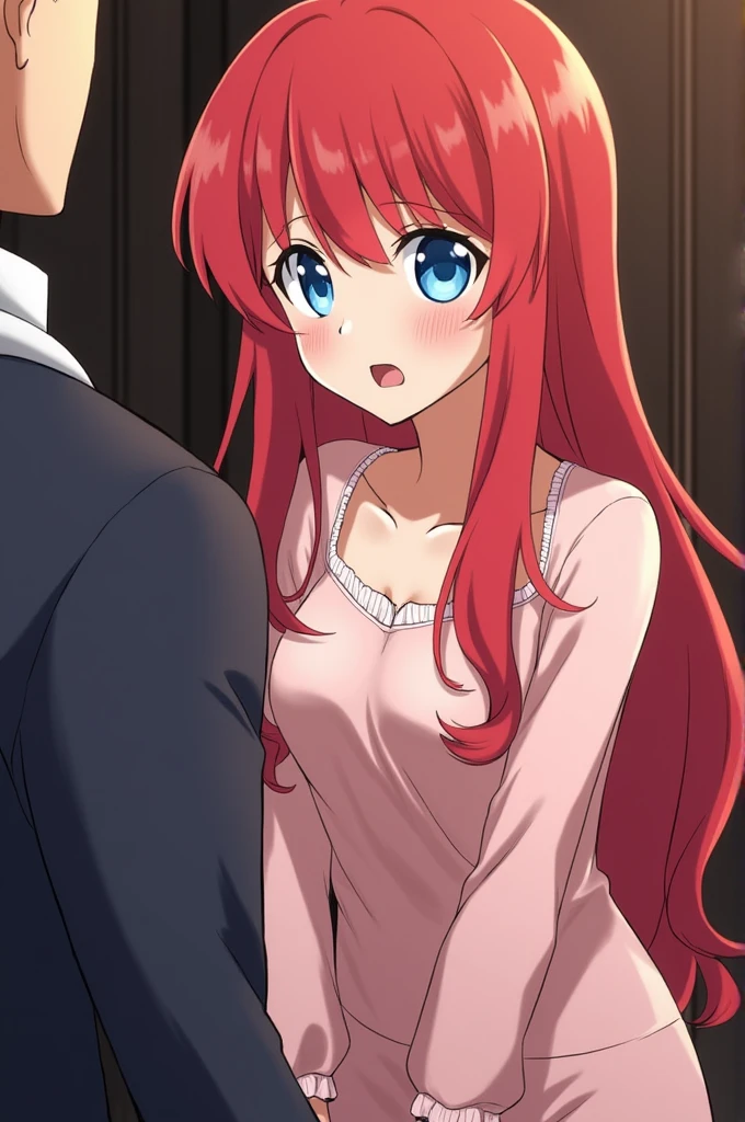 rias gremory, 1girl, long hair, school uniform, red hair, ahoge, blue eyes, large breasts, very long hair, breasts, beautiful, masterpiece, best quality, extremely detailed face, perfect lighting, sidefellatio, 1boy, penis, fellatio