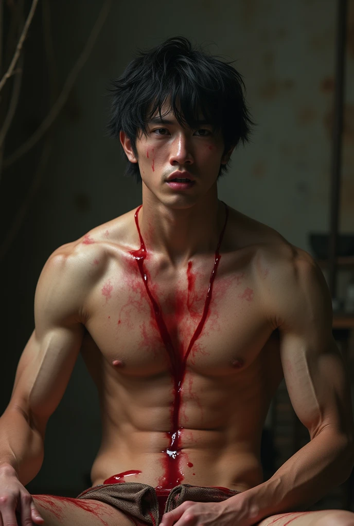 1boy、Photo Quality、Handsome Men、Mash Hair、Japanese male, 、Slim body、Completely naked、Full nudity、erection、Huge penis、Highest quality、Realistic、beautiful、Angry look、Smashing the shoji screen of a Japanese-style room with one's fist