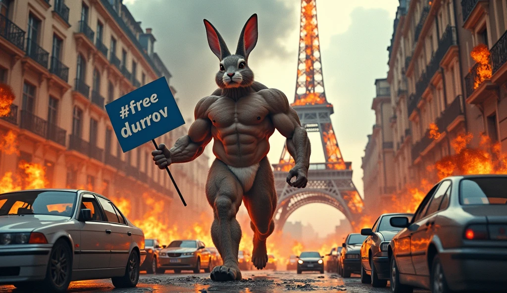 Rocky Rabbit with a six-pack body with a big and very tall body destroys the city of Paris, the buildings collapse due to the power of Rocky Rabbit and the dust and smoke rises and the Eiffel Tower catches fire, there is a painting in Rocky Rabbit's hand that #FREEDUROV written growth