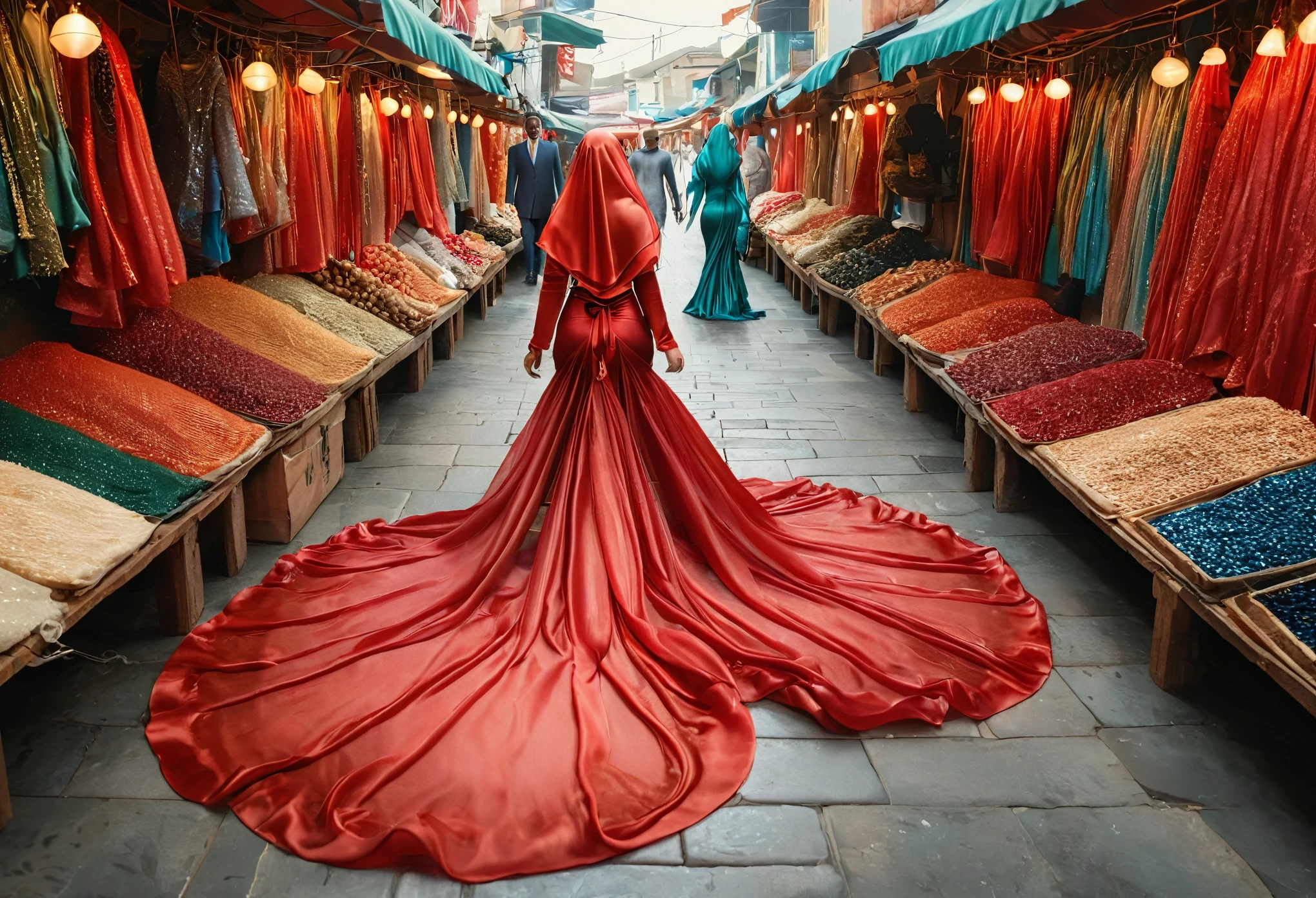 A woman shrouded in 9 meters of red silk shimmer, tight wrapped from the waist to the thighs and mermaid shape on the bottom of dress, tied tightly and magnificently draped along her body shape, big breeast, 9 meter long flowing dress tail on the floor, strugle to handle her dress,styled in mermaid inspired clothing, her head is simply veiled in a satin hijab, 185cm tall woman, walking in traditional coloth market, full body pose conveying an elegant impression, caught on camera in resolution 4k, very realistic