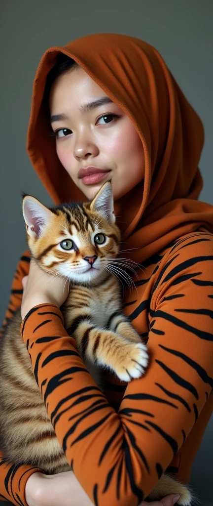The most beautiful,thin,most pretty and clever Asian muslimah adult girl wears Bengal tigsr print lycra turtleneck unitard catsuit covered with stripes.She always wear Bengal tiger print lycra dancewear stretchy square hijab covered with many stripes.She sits on the bed and hugs a cute little cat.