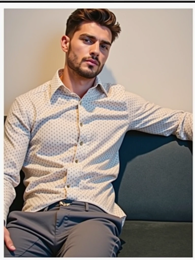 portraite, professional photograph of a beardless white Brazilian man, Short straight black hair parted in the middle, sitting in a nice classic chair in Sao Paulo, in a classic living room, using a samsung watch, lightbrown eyes, elegant and pleasant shirt and pants, top model pose, natural lighting with sunset tones