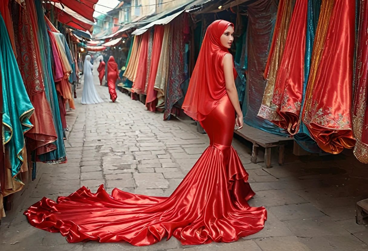 A woman shrouded in 9 meters of red silk shimmer, tight wrapped from the waist to the thighs and mermaid shape on the bottom of dress, tied tightly and magnificently draped along her body shape, big breeast, 9 meter long flowing dress tail on the floor, subcject tied tight,strugle to handle her dress,styled in mermaid inspired clothing, her head is simply veiled in a satin hijab, 185cm tall woman, lift her dress to walk in traditional coloth market, full body pose conveying an elegant impression, caught on camera in resolution 4k, very realistic