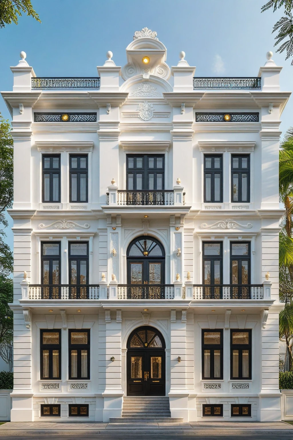 neo classical villa on street, (daylight), tropical tree, vivid colour, streetcapes, white tone, nice detail, intricate relief details, white wall, large glass door, warm interior lighting, best quality, masterpiece, ultra realistic