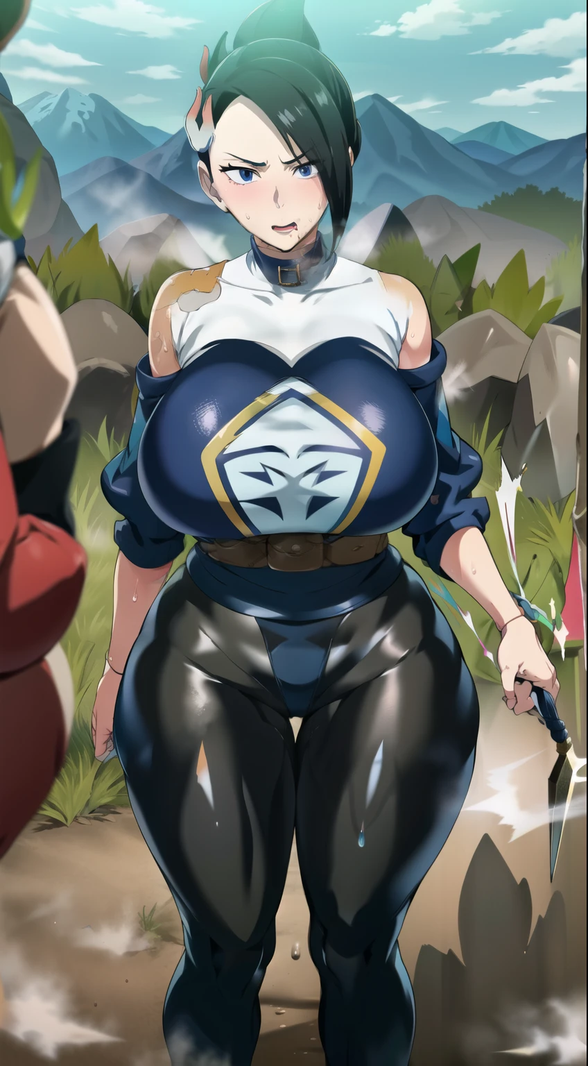 (masterpiece:1.2), (best quality:1.2) 1girl, long eyelashes, anime style, perfect face, full lips, smile, mature, sweat, pale skin, wet cloth, thick thighs, wide hips, revealing clothes, ninja, tattoos,