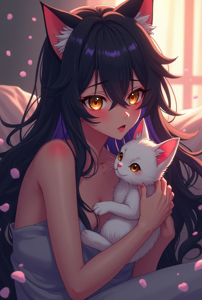 Close-up of woman in dress on bed, Attractive cat girl, very beautiful cute catgirl, beautiful young catgirl, Japanese goddess, seductive anime girls, ultrarealistic sweet bunny girl, Anime Girl CO Anime Catwoman, beautiful anime catgirl, Very beautiful anime cat girl, gorgeous chinese models, loli in dress,There was a guitar on the bed,There are stockings on the bed,Inside the hotel,Hold your hands around your chest,Hold the breast with both hands,Cover your chest with your hands。There was a guitar on the bed,guitar,The guitar is placed next to the girl。There is a guitar,There is a guitar on the guitar bed
