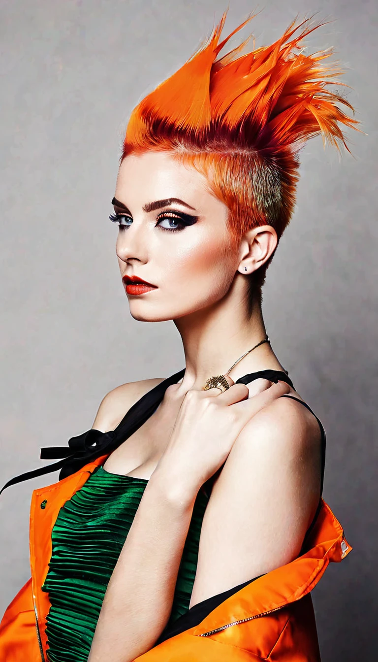 portrait of sks woman by Flora Borsi, style by Flora Borsi, bold, bright colours, orange Mohawk haircut, ((Flora Borsi)),