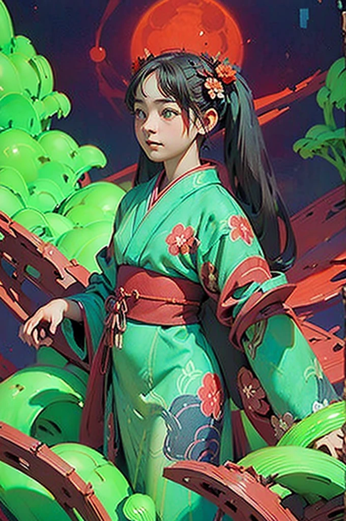 Twin tails with flower hair accessories, Blue and red kimono dress, Flowing material, Dynamic standing poses, Elevated posture, Outdoor Fantasy Setting, Green giant figure and red moon in the background, Dramatic lighting from above, Creating strong shadows, intense and mysterious atmosphere, Low - Angle, Deep writing depth, Excellent exposure,
