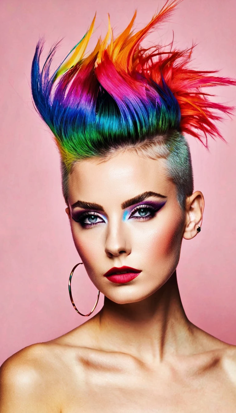 portrait of sks woman by Flora Borsi, style by Flora Borsi, bold, bright colours, rainbow Mohawk haircut, ((Flora Borsi)),