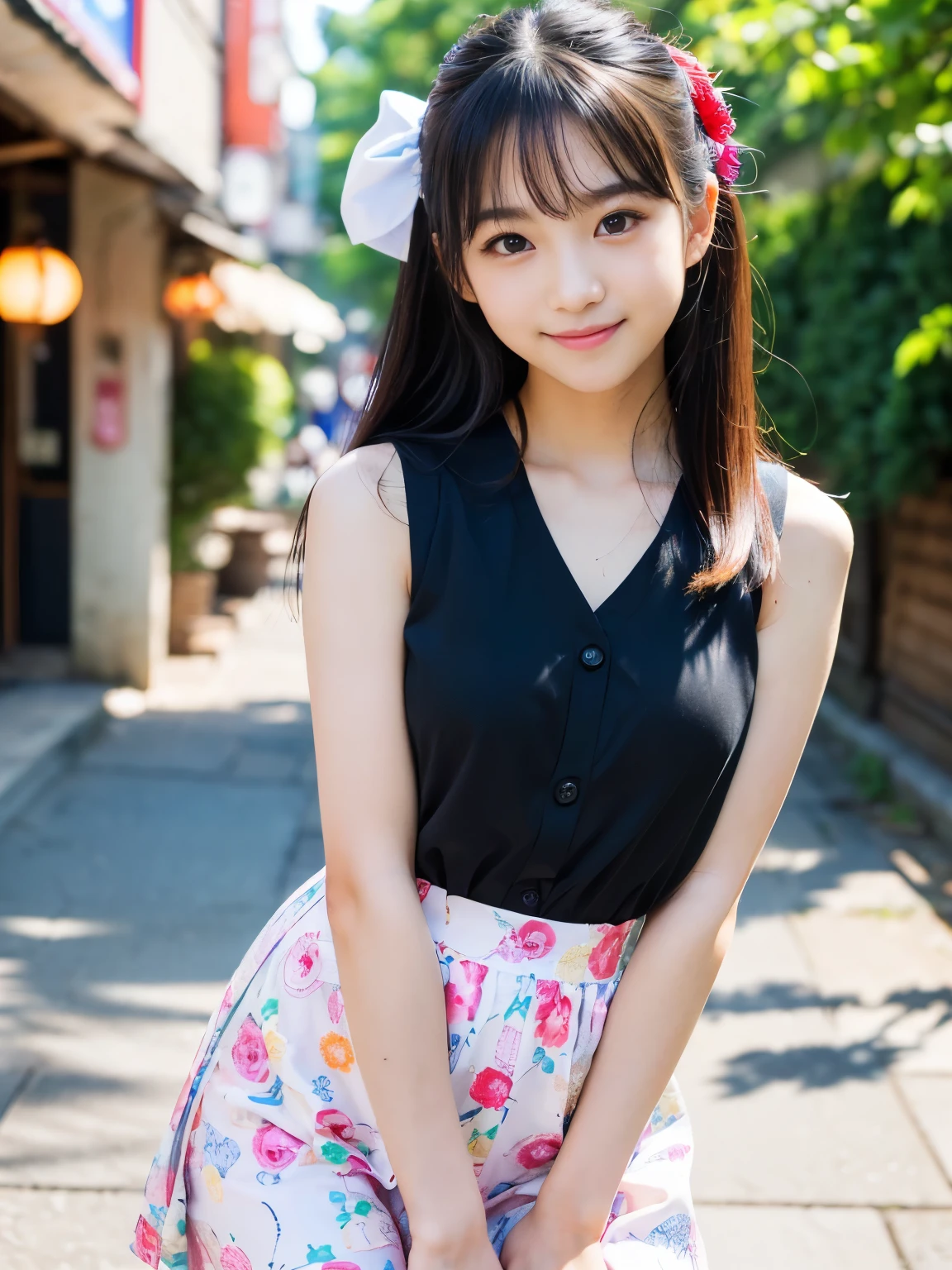 8k,Japanese,10 years old,innocent face,teenage girl,cute,Spring-like clothes,Spring weather,everyday wear,sitting,black hair,flower garden,hair clip,Decolletage
