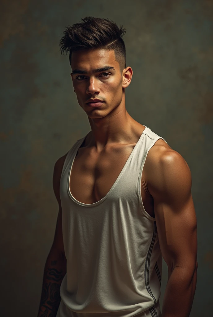 Muscular athletic Italian 20 year old guy with broad shoulders and short black hair, Vintage Vogue, Black and White Photography, Retro Glamour, Classic Fashion, High Contrast, Sophisticated Poses, Vintage Props, Soft Lighting, Film Grain, Timeless Elegance, Tattoos, Edgy, Modern, blue eyes