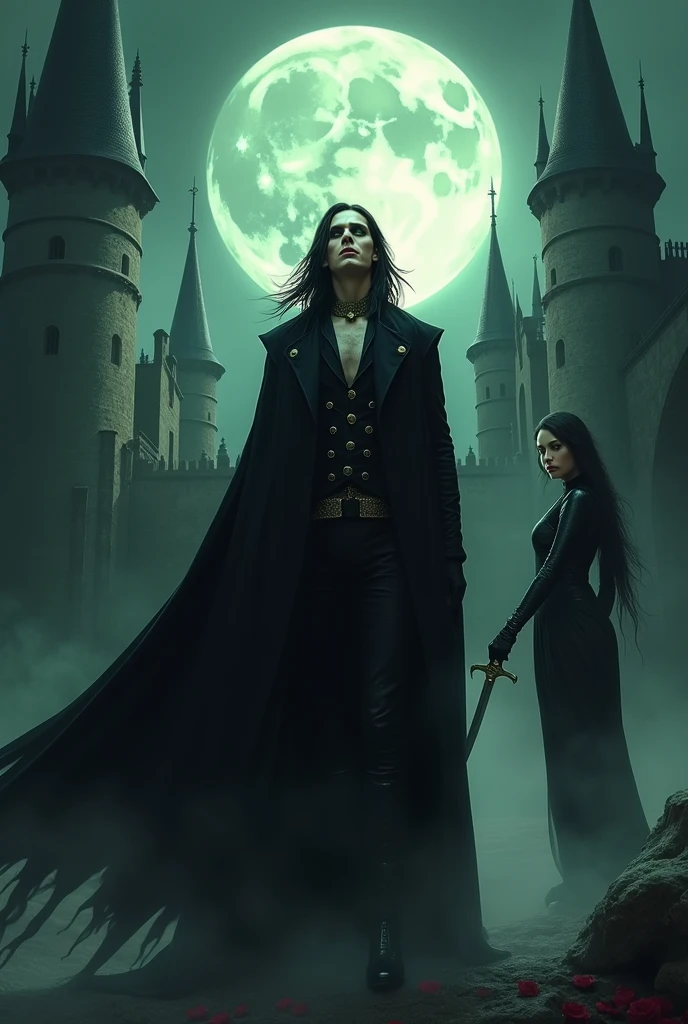 Create an image of a handsome vampire who has just emerged from their slumber. The vampire should be depicted as a creature of elegance and power, with long, flowing hair and sharp, angular features. Their skin should be pale and flawless, with a subtle hint of otherworldliness. The vampire's eyes should be deep and alluring, with a predatory gleam that hints at their insatiable thirst for blood. They should be dressed in attire that is both modern and timeless, with a style that suggests a long history of living among humans. As they emerge from their slumber, the vampire should be shown with a sense of calm confidence, exuding an aura of danger and intrigue. The background should be shrouded in shadow, with just a hint of moonlight filtering through the darkness. In the vampire's hand, there should be a small vial of blood, freshly drawn from their latest victim. The vampire should appear both satisfied and slightly unnerved by their own hunger, as though they are aware of the danger they pose to those around them.