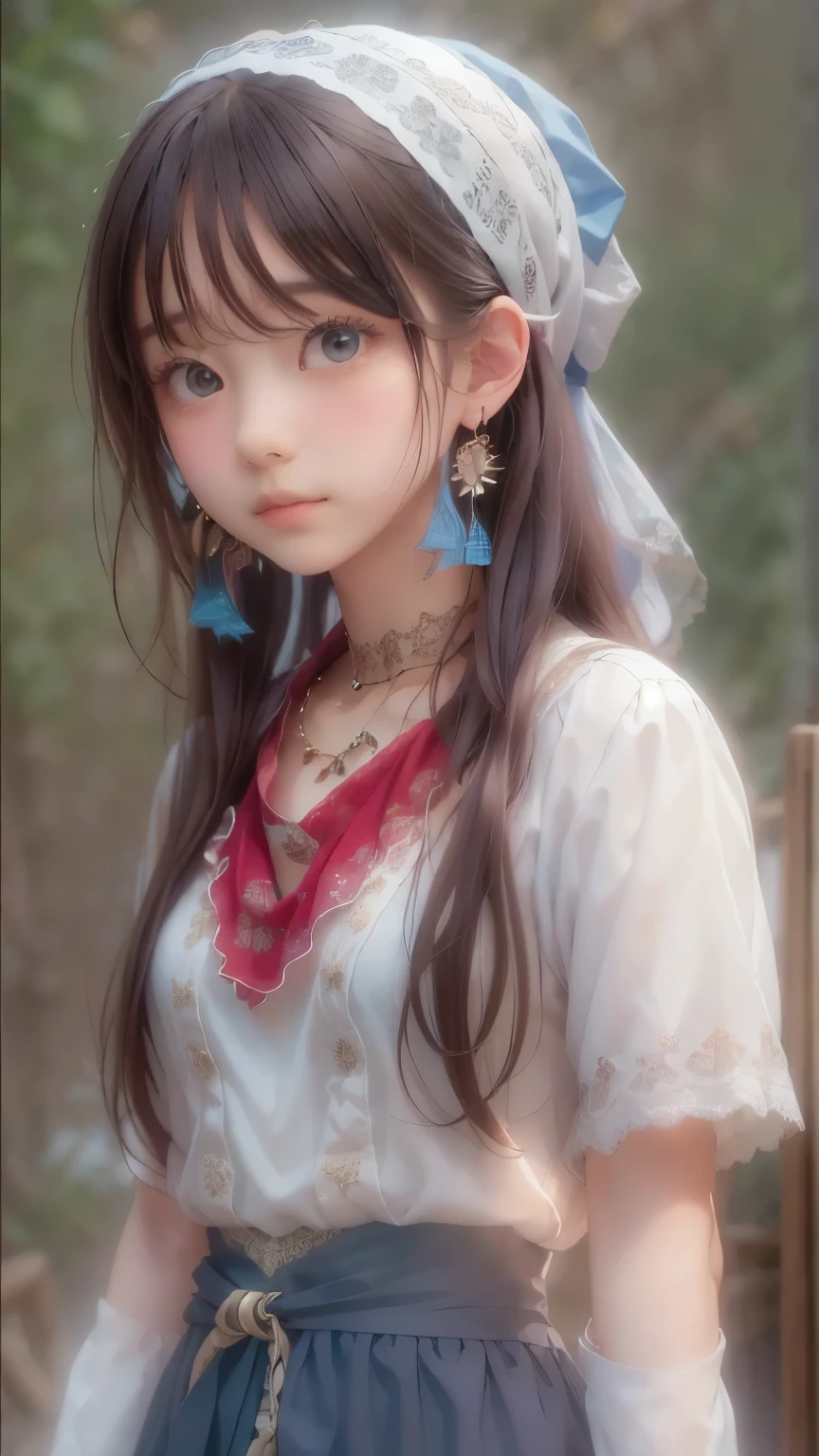((sfw: 1.4)), (sfw,She is wearing a long white embroidered skirt, a red blouse with lace, a white apron tied around her waist, blue socks, and brown leather shoes.A blue scarf is on her head. Yes, her accessories include necklaces, earrings, and bracelets. 1 Girl)), Ultra High Resolution, (Realistic: 1.4), RAW Photo, Best Quality, (Photorealistic Stick), Focus, Soft Light, ((15 years old)), (( (young face))), (surface), (depth of field), masterpiece, (realistic), woman, bangs, ((1 girl))