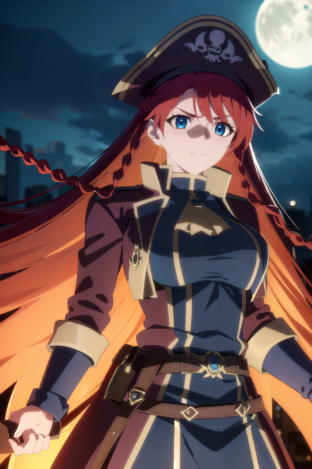 selesiaupitiria, selesia upitiria, long hair, blue eyes, braid, red hair, multicolored hair, twin braids, two-tone hair, big breasts, muscular body, blush, sweat,
(black pirate long-coat uniform), long-sleeves, (red ascot), epaulettes, belt, belt pouches, (black wide-brim pirate hat), black hat,
outdoor, city, night, sky, buildings, moon, clouds, (very dark),
looking at viewer, facing the viewer, (close-up),
(masterpiece:1.2), best quality, high resolution, unity 8k wallpaper, (illustration:0.8), (beautiful detailed eyes:1.6), extremely detailed face, perfect lighting, extremely detailed CG, (perfect hands, perfect anatomy)