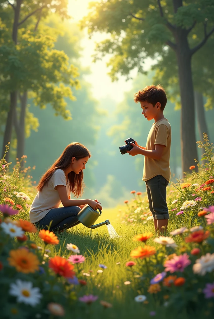A fat girl is sitting alone among the flowers reading a book and a boy is taking her photo with a camera.and A locket of r name comes around the girl's neck and a d name da locket comes around the boy's neck boye tek her pitcher Frome ina distence boy in a long distance