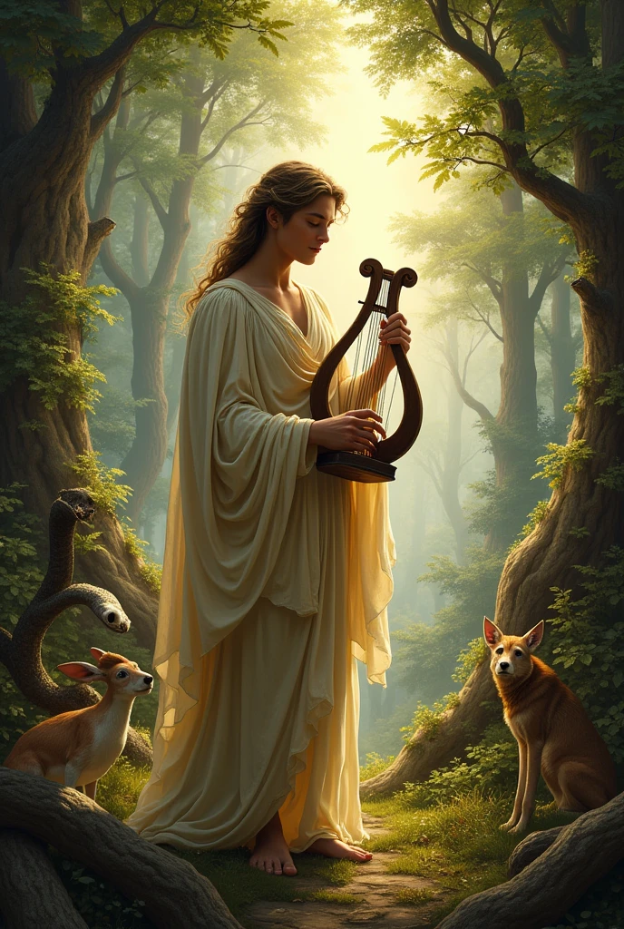 Orpheus calming the beasts with his music in the forest