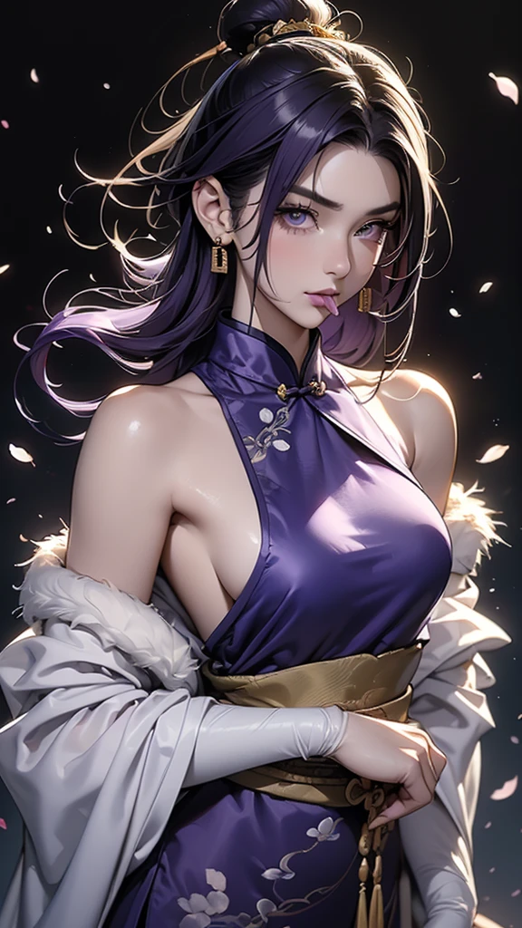 A woman with black hair with white highlights, with lilac eyes, with a demonic mark on the cheek