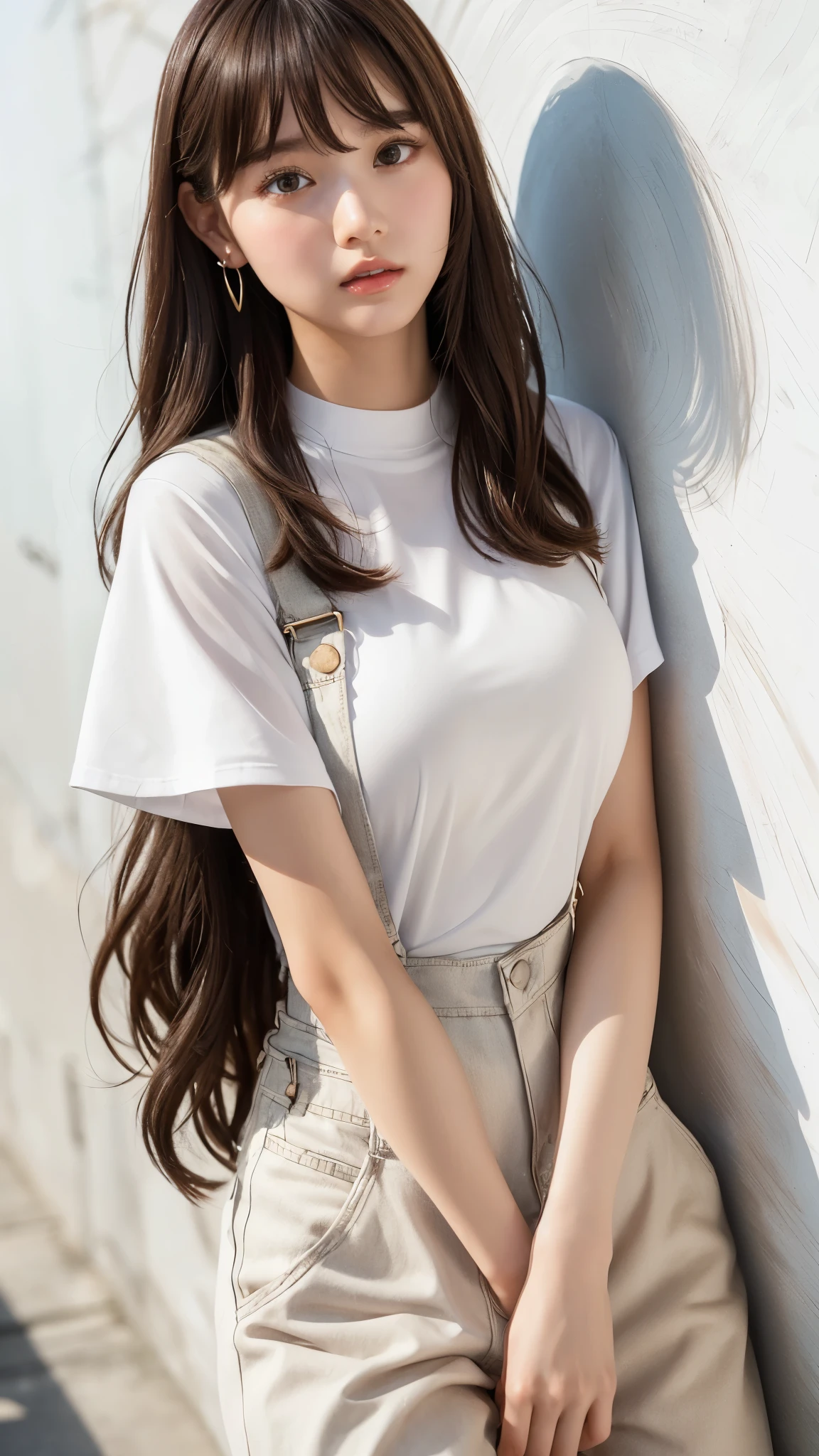 (Flying debris, Highest quality、High resolution:1.4、Very attractive beauty、Add strong highlights to the eyes、Look closely at the camera:1.4、A charming beautiful woman、私deal ratio body proportions、Perfect Anatomy、Wavy Long Hair、Shiny Hair、bangs:1.4、光沢のあるbangs:1.4、Lip gloss),1 girl, light brown Shiny Hair,Please tilt your head a little, Short and large T-shirt、Wide pants with suspenders、 lips, Lip gloss、Big eyes、eyelash、Face is a little red)、((White mortar mural background))、((very large breasts generally small breasts、Very beautiful beauty、Stick out your ears、Long neck))、2、Very cute supermodel、bangs:2、(((whole body、Overall image、Glowing Skin、Long legs)))