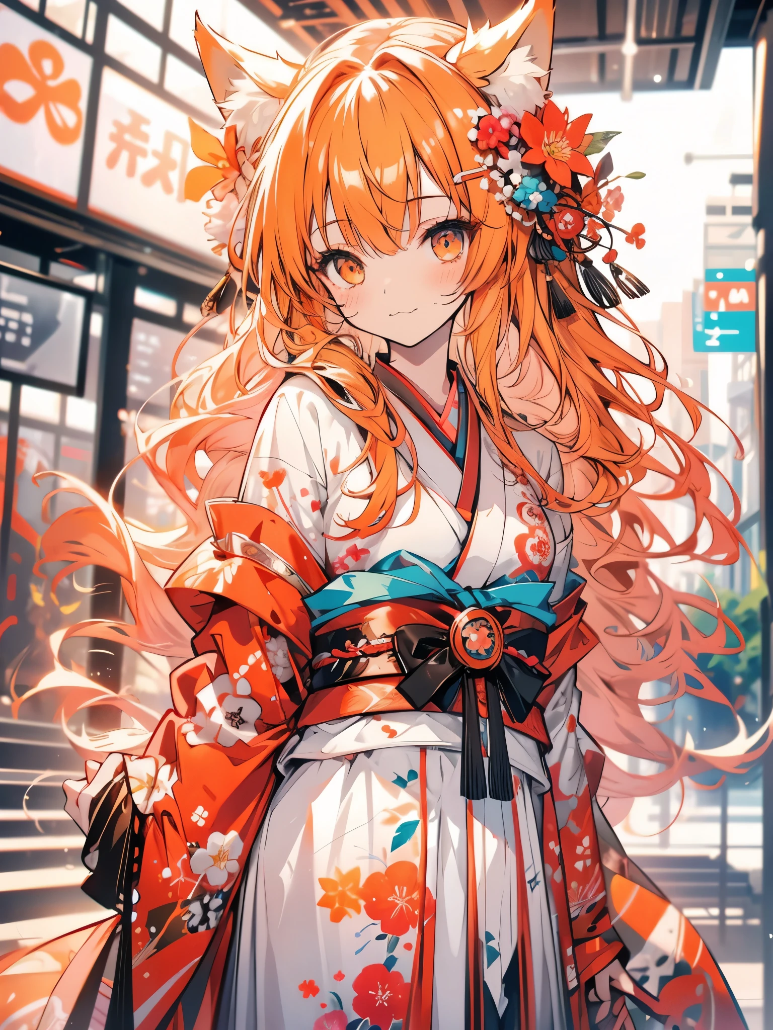 work of art, best qualityer, highy detailed, 1 girl, standing alone, (:3:0.9), animal ear fluff, animal ears, hair orange, fluffy hair, blush, eyes browns, flowers, fox ears, fox girl, Gradient, Gradient background, hair flowers, hair ornament, Japanese clothing, kimono, looking ahead at viewer, miko, ssmile, standing alone, white kimono, beautiful lighting