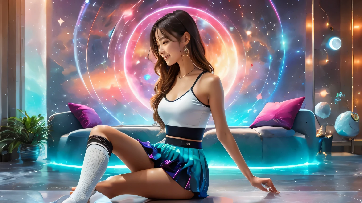 Masterpiece,high resolution,8k,Perfect Face,Perfect body。Smiling woman in futuristic costume 20 years old panties。A realistic live-action Hollywood drama。