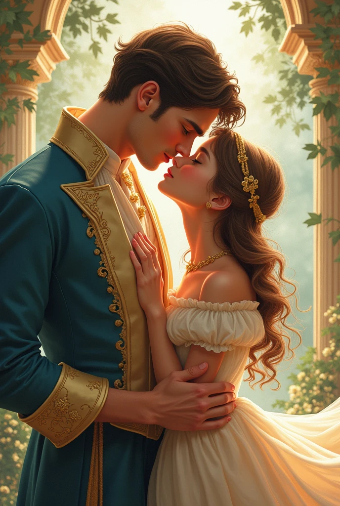 Fantasy illustration of a princess in a yellow dress, handsome prince, ethereal, detailed, highres, romantic, fantasy, detailed dress, love, intricate details, magical atmosphere,couple, couple, sensual, sultry, kissing