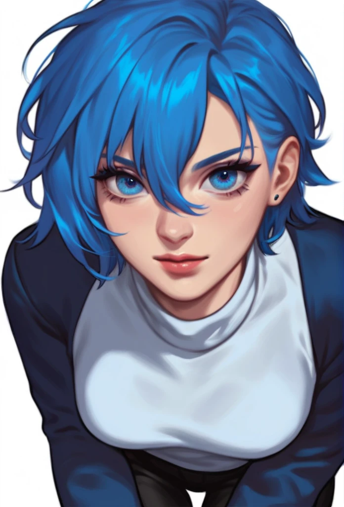 Eve, adult  woman, blue pixie hair, slim, blue colored eyes. wearing a white turtleneck, black pants and boot.  Blow to the face. punch in the face. motion line. 