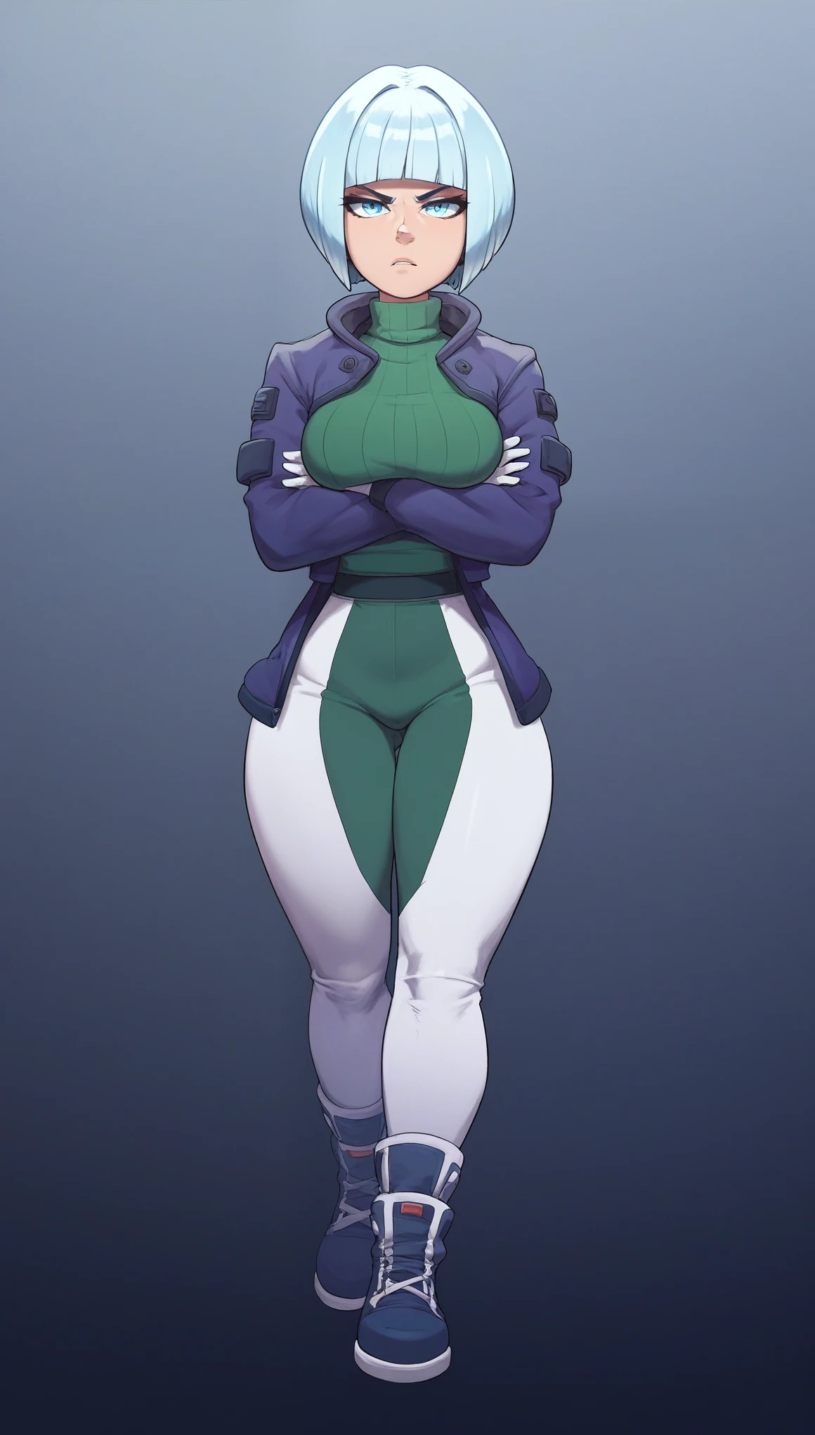 Kizi, chestnut hair, Short hair bob cut, with bangs, purple snow jacket with green sweater inside, hands crossed, Slightly serious expression, eyes large, whitegloves, blue colored eyes, fully body, distant view, breasts big, tight pants, full body visible, face detailed, beautiful curves