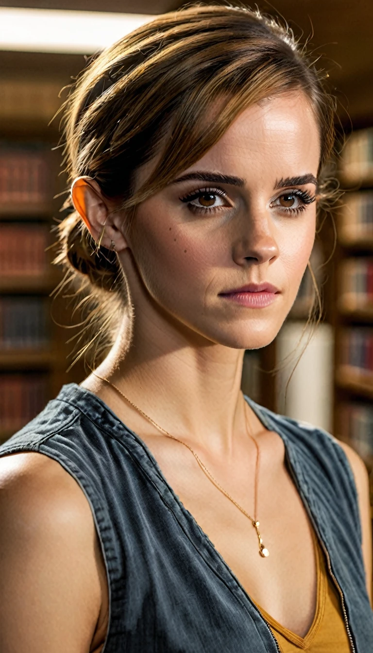 Emma Watson, close-up photo of 3mm4W4ts0n_V1-Emb , wearing casuals, makeup, eyeshadow, in the middle of a library, 8k uhd, high quality, dramatic, dramatic lighting, realistic , lifelike texture,