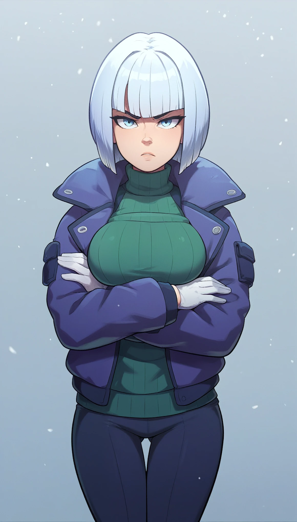 Kizi, chestnut hair, Short hair bob cut, with bangs, purple snow jacket with green sweater inside, hands crossed, Slightly serious expression, eyes large, whitegloves, blue colored eyes, fully body, distant view, breasts big, tight pants, full body visible, face detailed