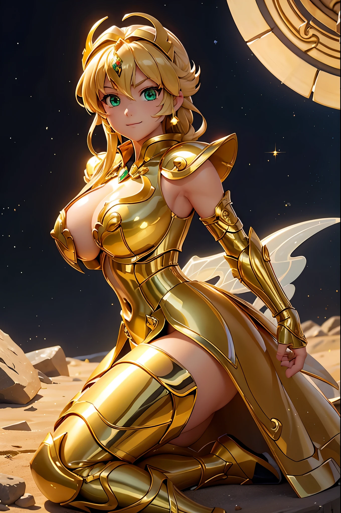 Highest quality, 8k, Super detailed, High resolution, Realistic skin texture, armor, (Realistically: 1.4), High resolution,Ultra HD、Ultra-clear、Pegasus Seiya from Saint Seiya、White and beautiful translucent skin、Beautiful and well-proportioned face、Cute smile、Leo Holy Warrior、全身を金色のarmorで覆う、金色のarmorを纏った聖騎士、Golden helmet、全身を派手な彫刻で覆う金色のarmor、重厚感のある金色のarmor、Translucent beautiful green eyes、Beautiful blonde、Big Breasts、Outer space background、