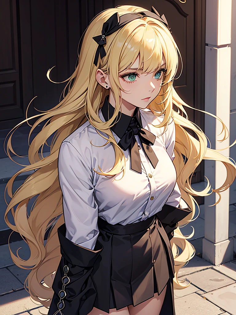 Create a beautiful light blonde woman, with her hair not very well tied, with a few loose strands framing her face, pale skin, violet eyes, with a white long sleeve button down shirt, black tie and black pants