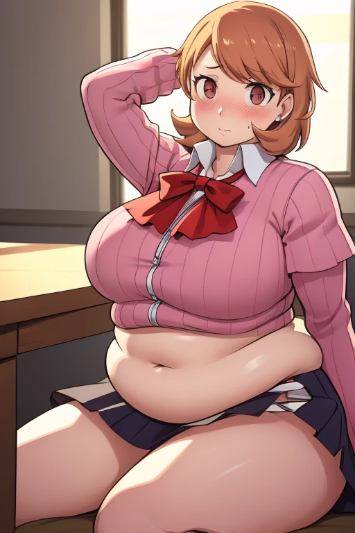 ((masterpiece)), (best quality), official art, extremely detailed CG, unity 8k wallpaper, ultra detailed, highly detailed, detailed background, vivid color, perfect lighting, best illumination, 
1girl, solo, takeba yukari , looking at viewer, hand in own hair, school uniform, bow, skirt, ((big rotund plump belly, bulging stomach, blushing)), ((embarrassed, flustered)), fat, big belly, horny, sitting down
 