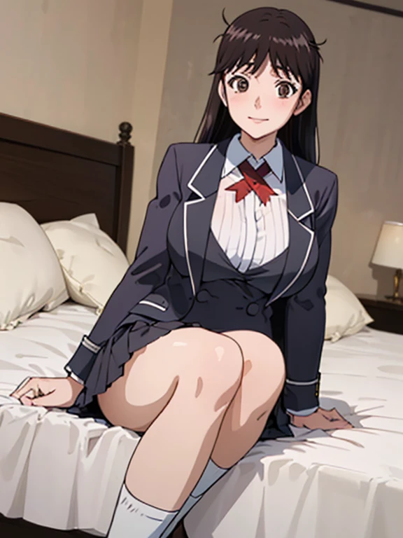 (Anime Style)、Long Hair、Black Hair、(1 female)、20-year-old、young woman、beautiful長い脚、beautiful体、beautiful鼻、Perfect Eyes、Perfect Face、Perfect Legs、Perfect balance、(beautiful、Large Breasts:1.4)、(beautiful顔:1.5)、(Narrow waist)、Perfect lighting、colorful、Bright front light、Glowing Skin、 (masterpiece:1.0)、(((High resolution)))、(((Highest品質)))、(Normal hand)、(Five Fingers)、(Anatomically correct hand)、(Hold your hands correctly)、break、(Sit on the bed)、miyukina、(uniform)、(blazer)、(Highest)、(Red ribbon)、(Pleated skirt)、(Knee-high socks)、(loafers)、smile