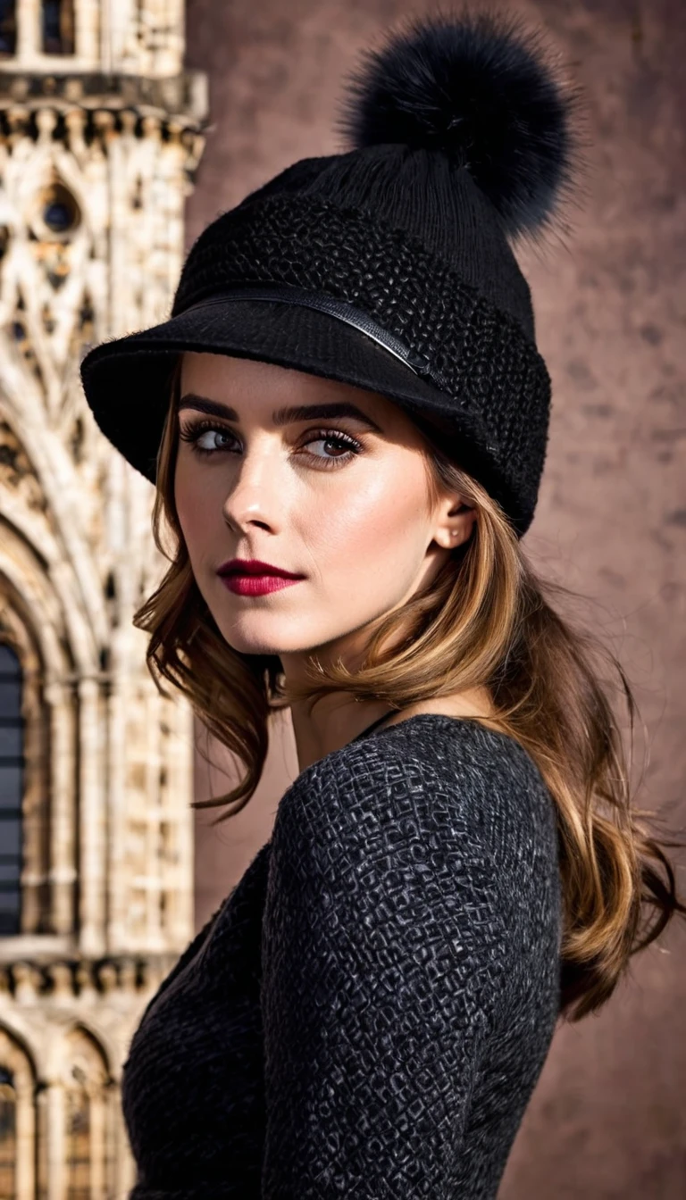 
Emma Watson, portrait of skswoman, smug , wearing bobble hat and skirt , with chocolate Wispy bangs, background The Tower of Shadows, epic (photo, studio lighting, hard light, sony a7, 50 mm, matte skin, pores, colors, hyperdetailed, hyperrealistic),