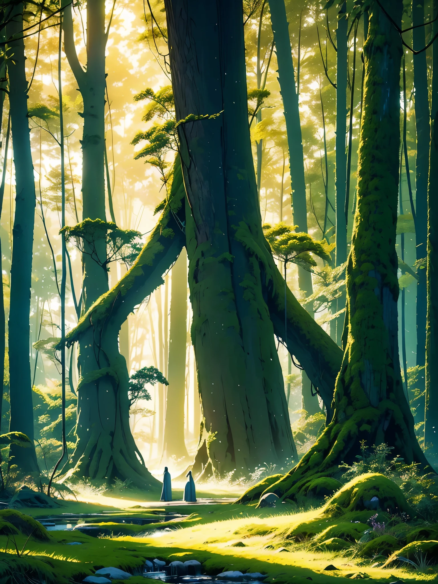 Create an inspiring digital artwork that captures the serene beauty of an ancient forest at dusk. The scene should feature towering trees bathed in gentle, golden light filtered through the foliage, casting soft shadows on the lush vegetation. The image should evoke a sense of tranquility and wonder, inviting viewers to immerse themselves in the enchanting realm of nature.