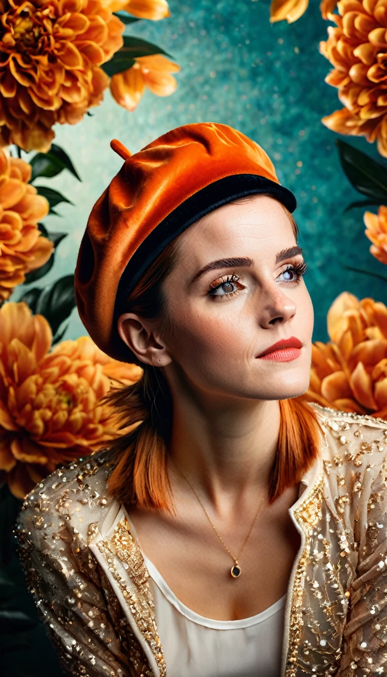 Emma Watson, portrait of skswoman, ecstatic , wearing beret and velvet , with orange Updo, background Shambhala: A hidden paradise where enlightened beings live in perfect harmony, epic (photo, studio lighting, hard light, sony a7, 50 mm, matte skin, pores, colors, hyperdetailed, hyperrealistic),